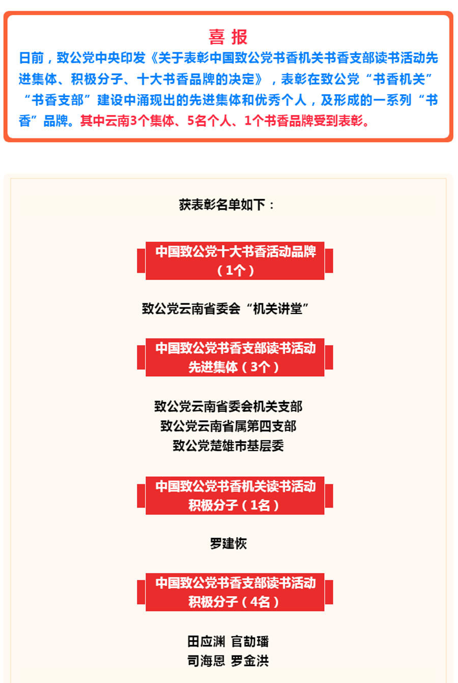 喜报！致公党云南省委会多个集体和个人获致公党中央书香机关书香支部读书活动表彰_副本